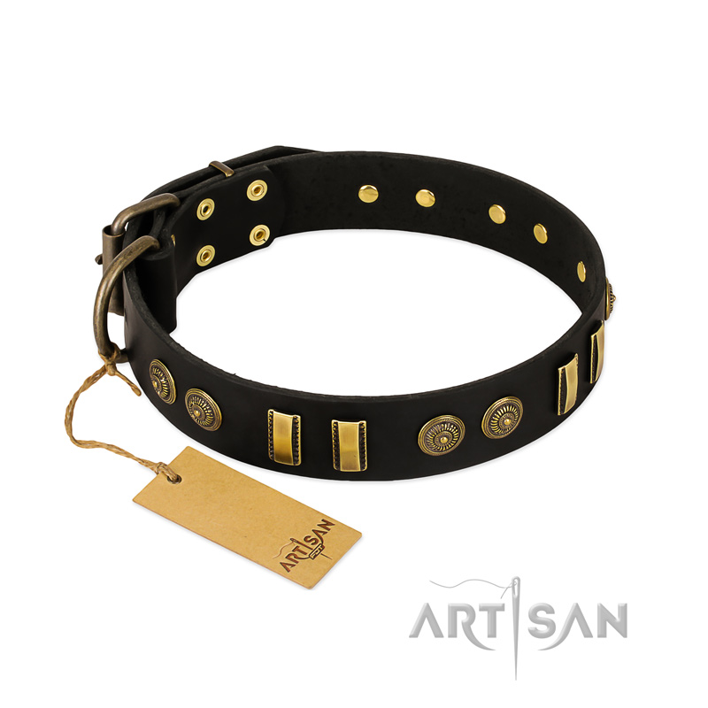 "Simple Elegance" FDT Artisan Black Leather Dogue de Bordeaux Collar with Old Bronze-like Plates and Circles