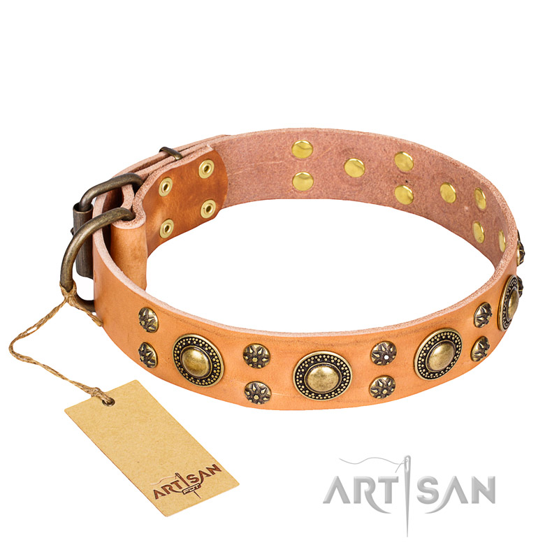 "Sophisticated Glamor" FDT Artisan Leather Dogue de Bordeaux Collar with Fancy Old Bronze-like Plated Decorations
