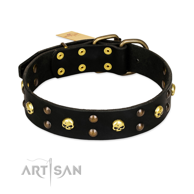 "Heavy Metal" Leather Dogue de Bordeaux Collar with Skulls and Studs 1 1/2 inch (40 mm)