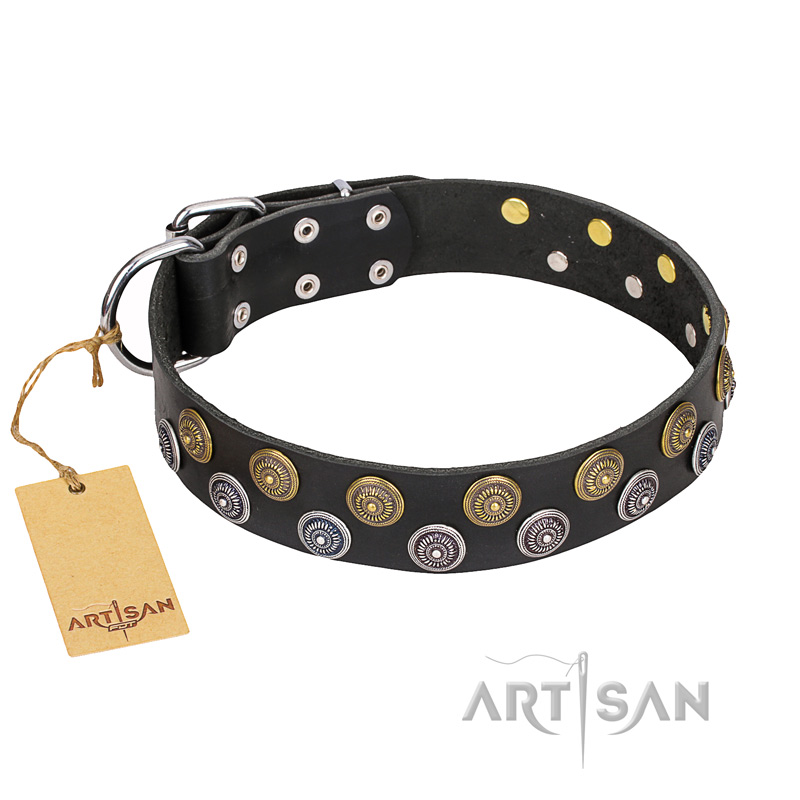 "Romantic Breeze" FDT Artisan Black Leather Dogue de Bordeaux Collar with Sparkling Circles