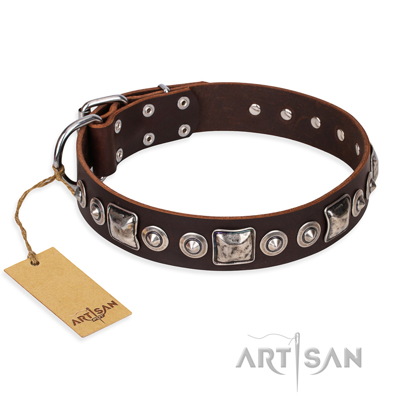 "Pierian spring" FDT Artisan Brown Leather Dogue de Bordeaux Collar with Silvery Decorations