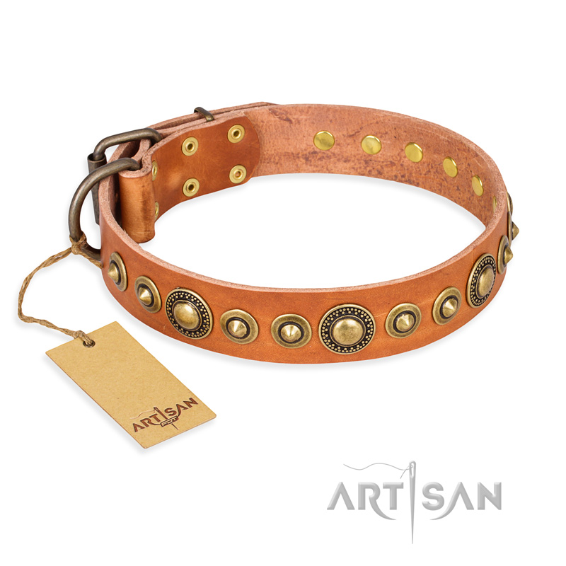 "Feast of Luxury" FDT Artisan Tan Leather Dogue de Bordeaux Collar with Old Bronze Look Circles