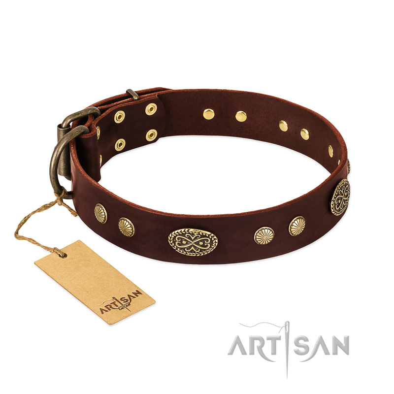 "Old-fashioned Glamor" FDT Artisan Brown Leather Dogue de Bordeaux Collar with Old Bronze Look Plates and Circles