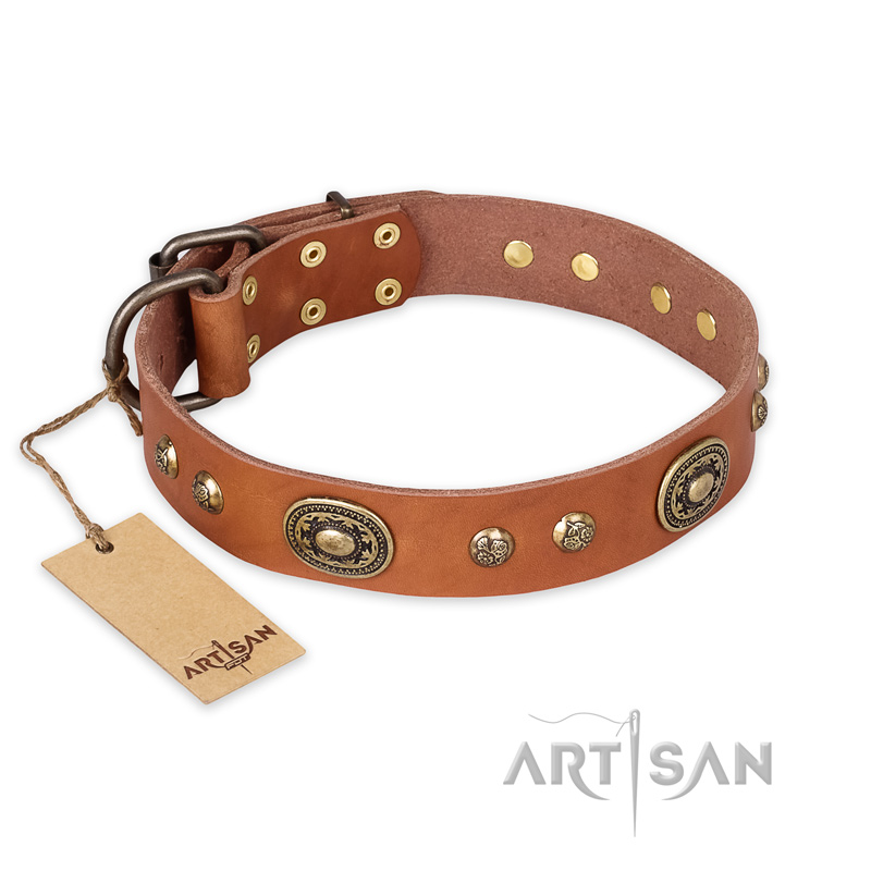 "Stunning Dress" FDT Artisan Tan Leather Dogue de Bordeaux Collar with Old Bronze Look Plates and Studs