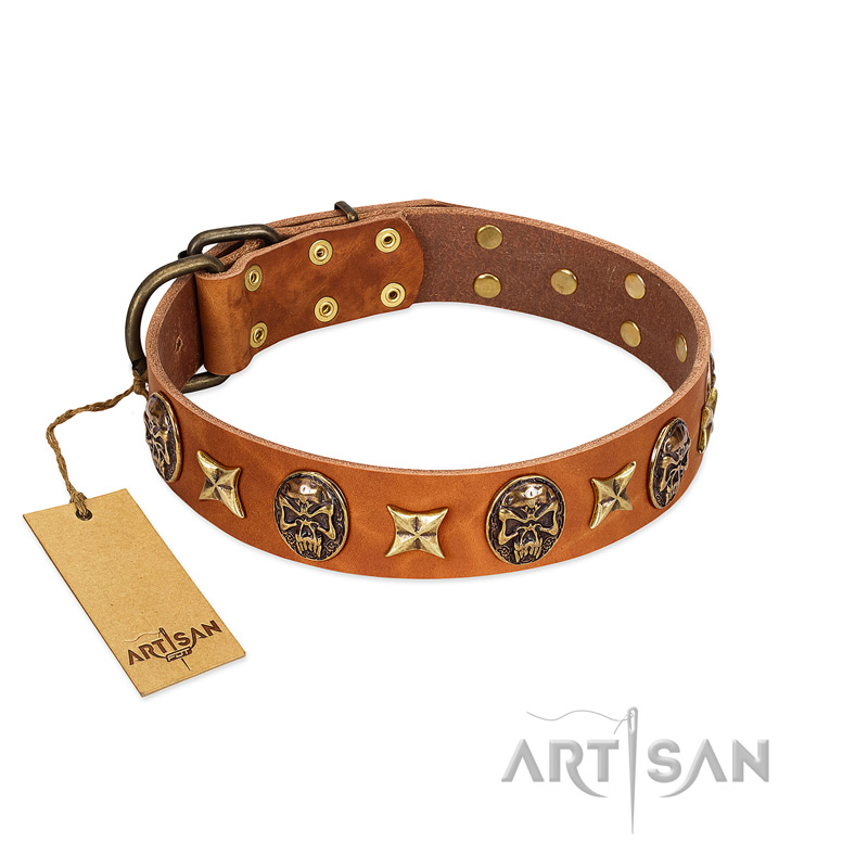"Rockin' Doggie" FDT Artisan Tan Leather Dogue de Bordeaux Collar Adorned with Stars and Skulls