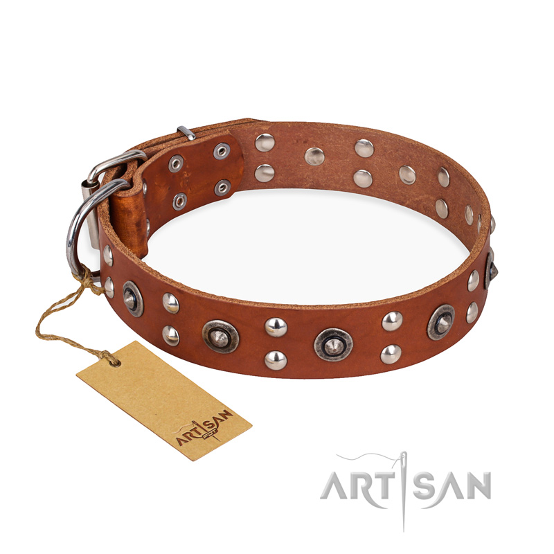 "Silver Elegance" FDT Artisan Decorated Leather Dogue de Bordeaux Collar with Old Silver-Like Plated Studs and Cones