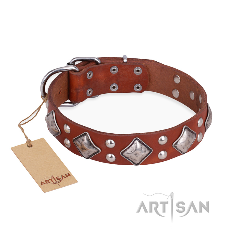 "Magic Squares" FDT Artisan Tan Leather Dogue de Bordeaux Collar with Silver-like Decor