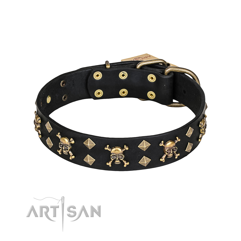 "Jolly Rojer" FDT Artisan Leather Dogue de Bordeaux Collar with Pirate Skulls and Studs - 1 1/2 inch (40 mm) wide