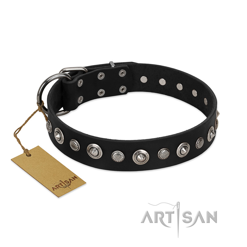 "Genteel Charm" FDT Artisan Black Leather Dogue de Bordeaux Collar with Silver-like Round Conchos