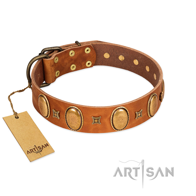 "Glossy Autumn" Designer Handmade FDT Artisan Tan Leather Dogue de Bordeaux Collar with Ovals and Studs
