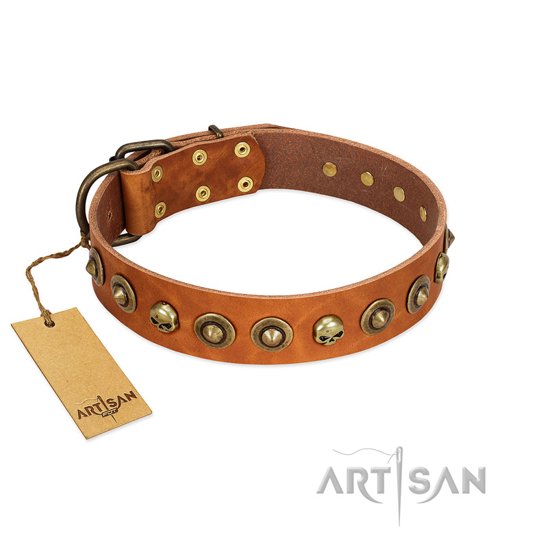 "Prez of the Pack" FDT Artisan Tan Leather Dogue de Bordeaux Collar with Skulls and Brooches