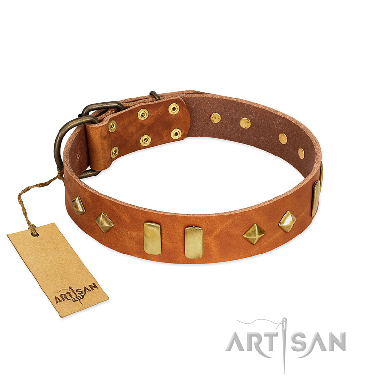 "Woofy Dawn" FDT Artisan Tan Leather Dogue de Bordeaux Collar with Plates and Rhombs
