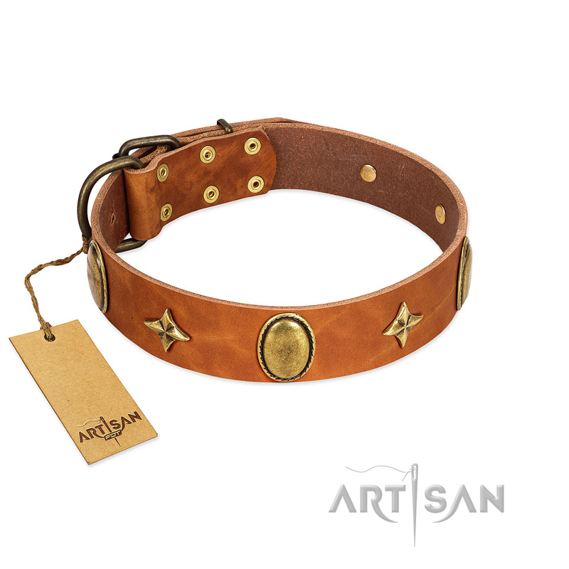 "Space Warrior" FDT Artisan Tan Leather Dogue de Bordeaux Collar with Ovals and Stars