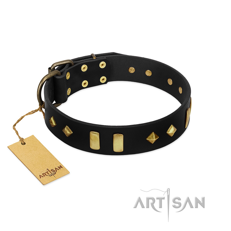 "De Luxe" FDT Artisan Black Leather Dogue de Bordeaux Collar with Old Bronze-like Plates and Studs