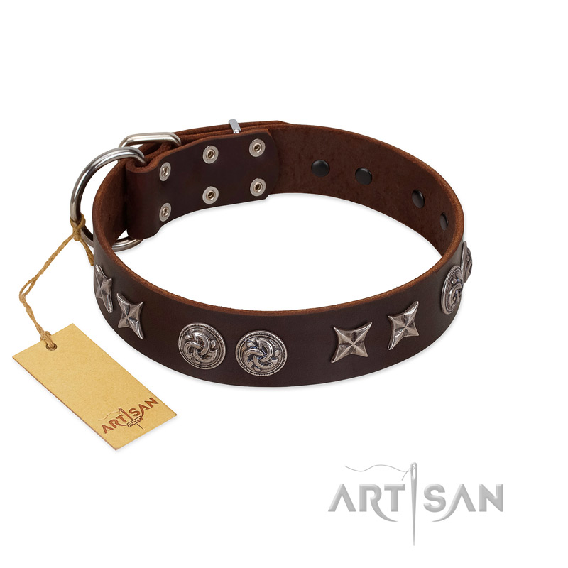 "Silver Sunset" Designer Handmade FDT Artisan Brown Leather Dogue de Bordeaux Collar