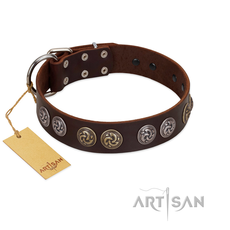 "Treasure Hunter" FDT Artisan Brown Leather Dogue de Bordeaux Collar with Old-Bronze-like and Silvery Medallions