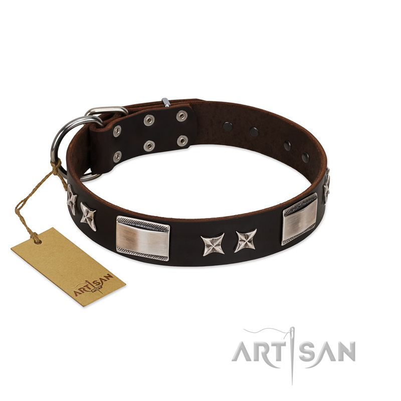 "Satin Beauts" FDT Artisan Brown Leather Dogue de Bordeaux Collar with Stars and Plates