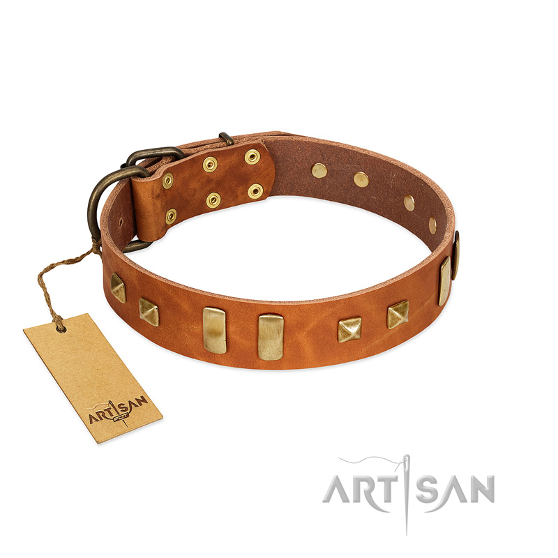 "Sand of Time" FDT Artisan Tan Leather Dogue de Bordeaux Collar with Old Bronze-like Studs and Plates