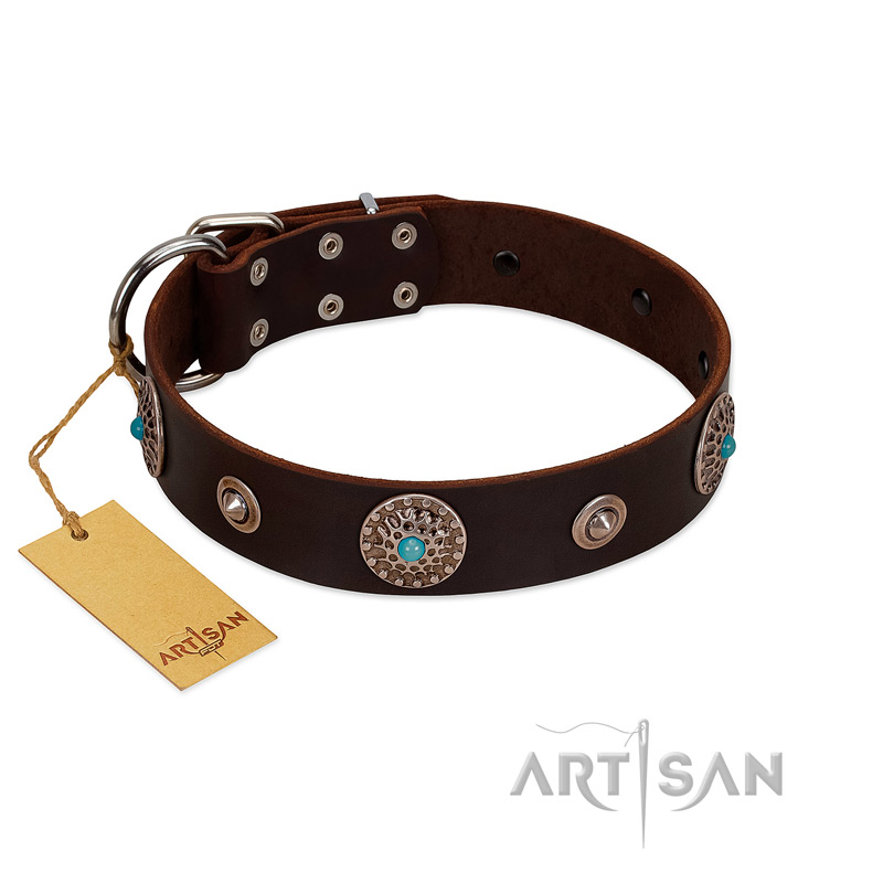 "Magic Stones" FDT Artisan Brown Leather Dogue de Bordeaux Collar with Chrome Plated Brooches and Studs