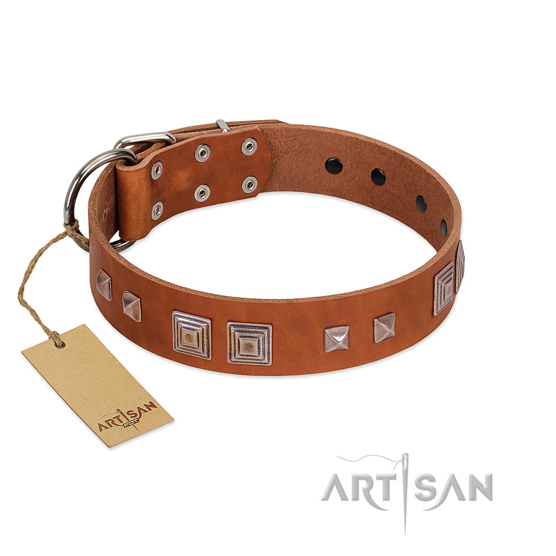 "Egyptian Gifts" Handmade FDT Artisan Tan Leather Dogue de Bordeaux Collar with Chrome-plated Pyramids