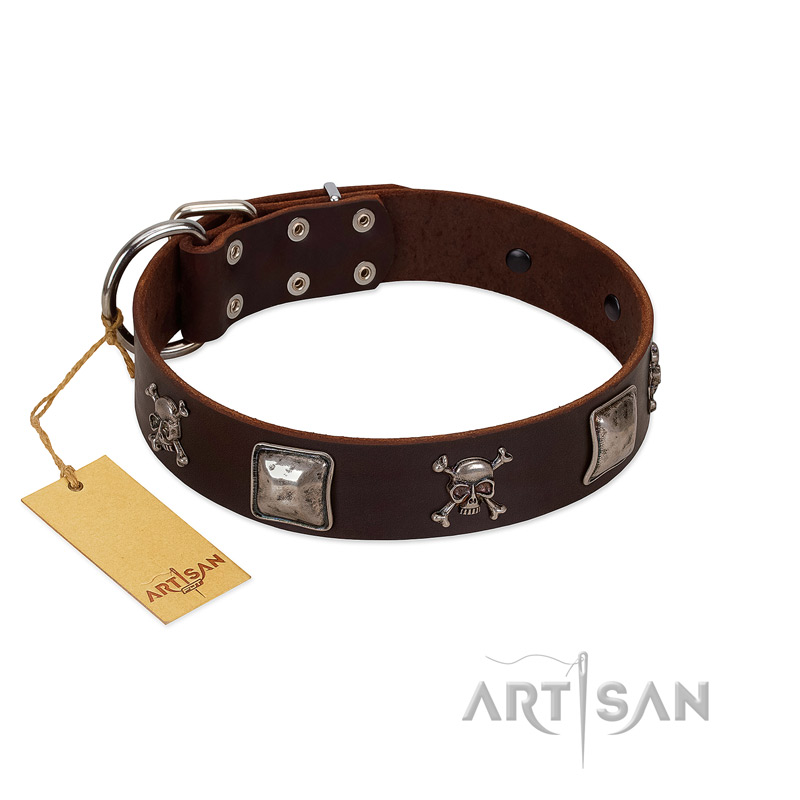 "Nut-Brown Finery" Embellished FDT Artisan Brown Leather Dogue de Bordeaux Collar with Chrome Plated Crossbones and Plates