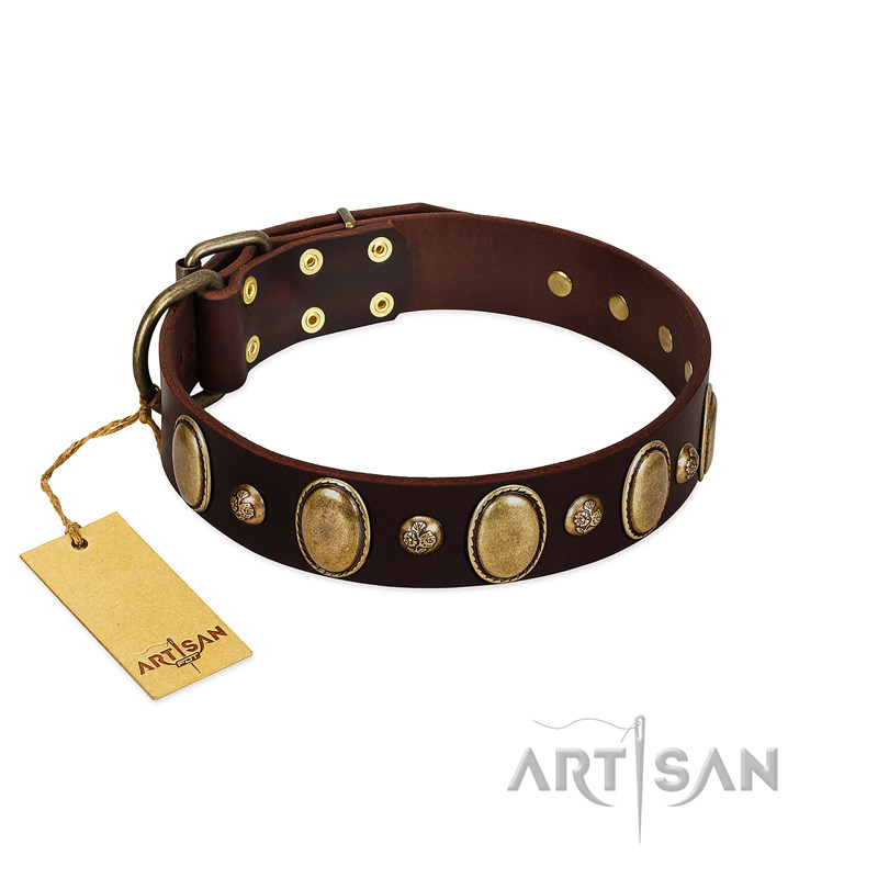 "Natural Grace" FDT Artisan Handmade Decorated Brown Leather Dogue de Bordeaux Collar