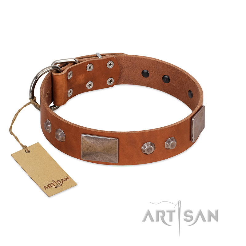 "Great Obelisk" Handcrafted FDT Artisan Tan Leather Dogue de Bordeaux Collar with Large Plates and Pyramids