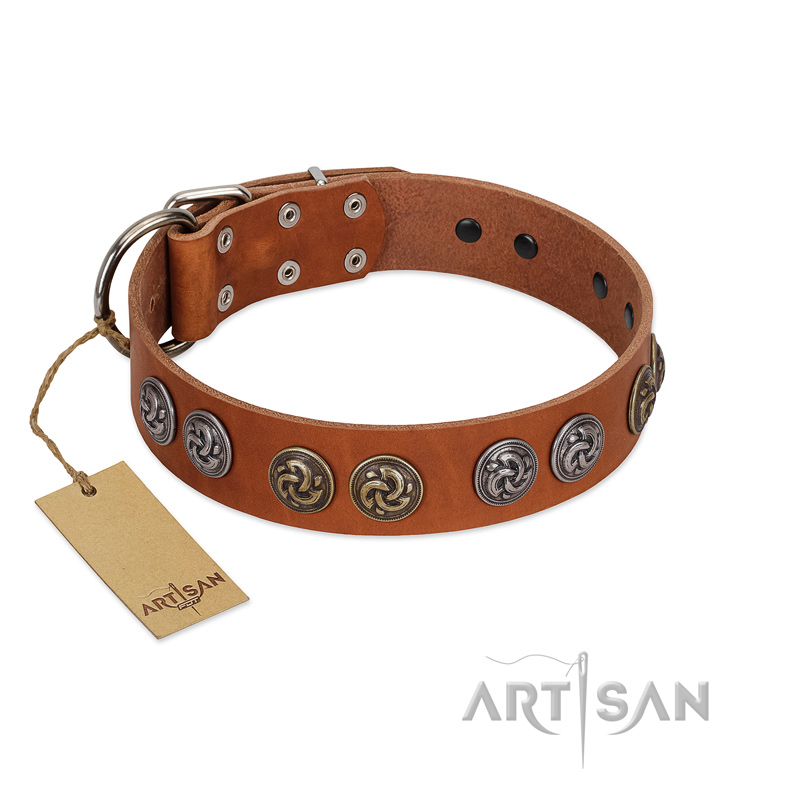"Luxurious Life" Premium Quality FDT Artisan Tan Leather Dogue de Bordeaux Collar with Round Adornments
