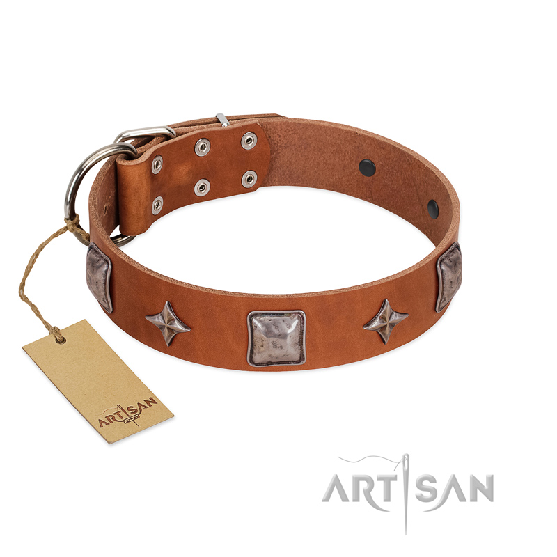 "Lucky Star" FDT Artisan Tan Leather Dogue de Bordeaux Collar with Silver-Like Embellishments