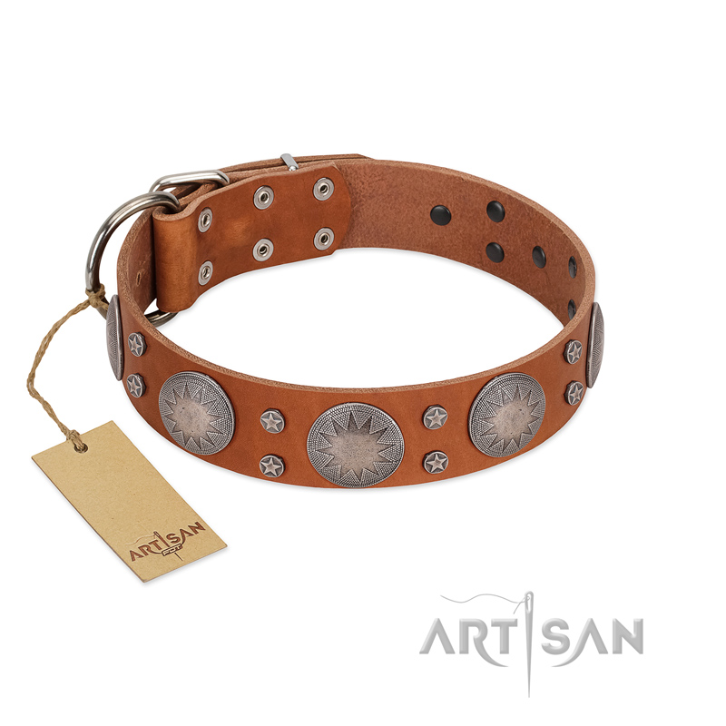 "Far Star" FDT Artisan Tan Leather Dogue de Bordeaux Collar with Engraved Studs