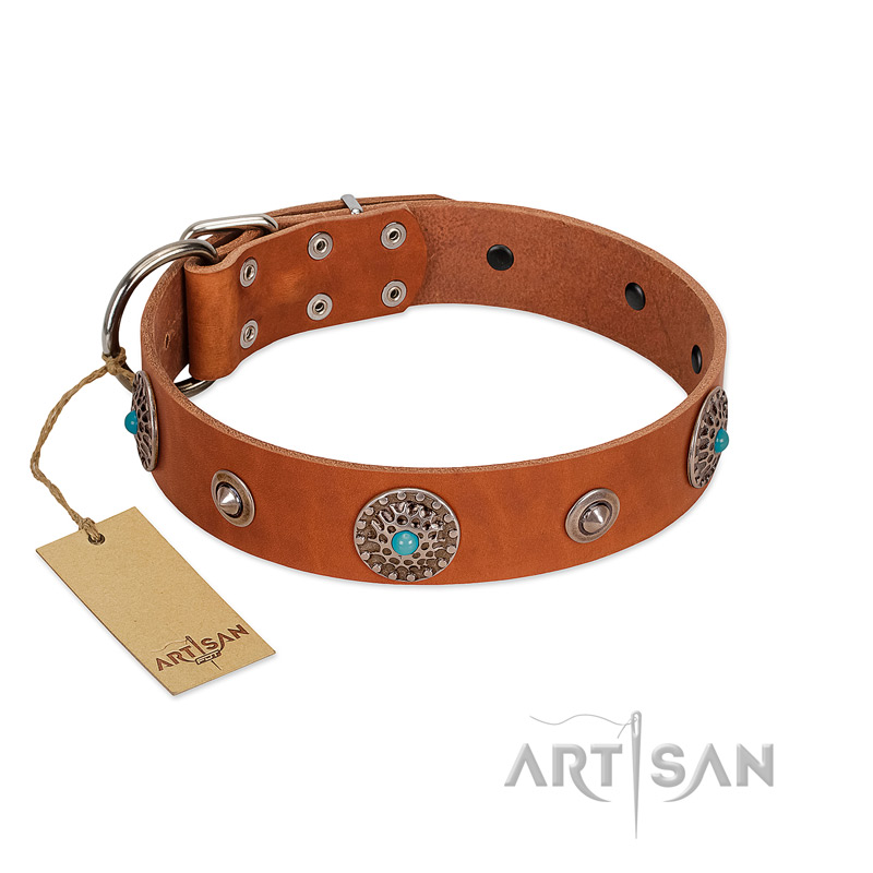 "Marine Antiques" Handmade FDT Artisan Tan Leather Dogue de Bordeaux Collar with Blue Stones