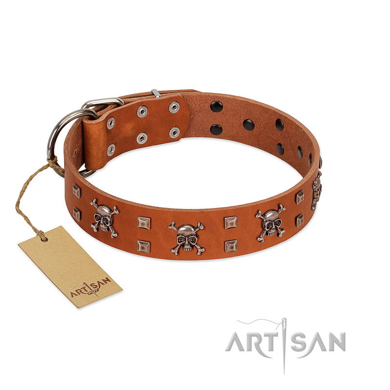 "Rebellious Nature" FDT Artisan Tan Leather Dogue de Bordeaux Collar Embellished with Crossbones and Square Studs